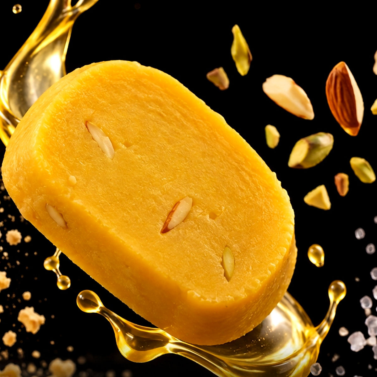 Close-up of a Pateesa Bite with ghee and almonds