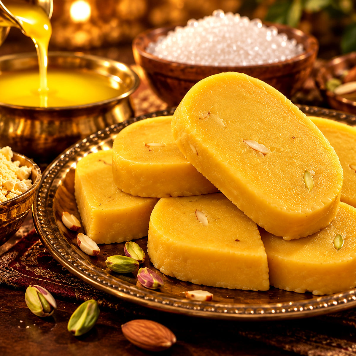 Pateesa Bites on a brass platter with desi ghee, besan and sugar